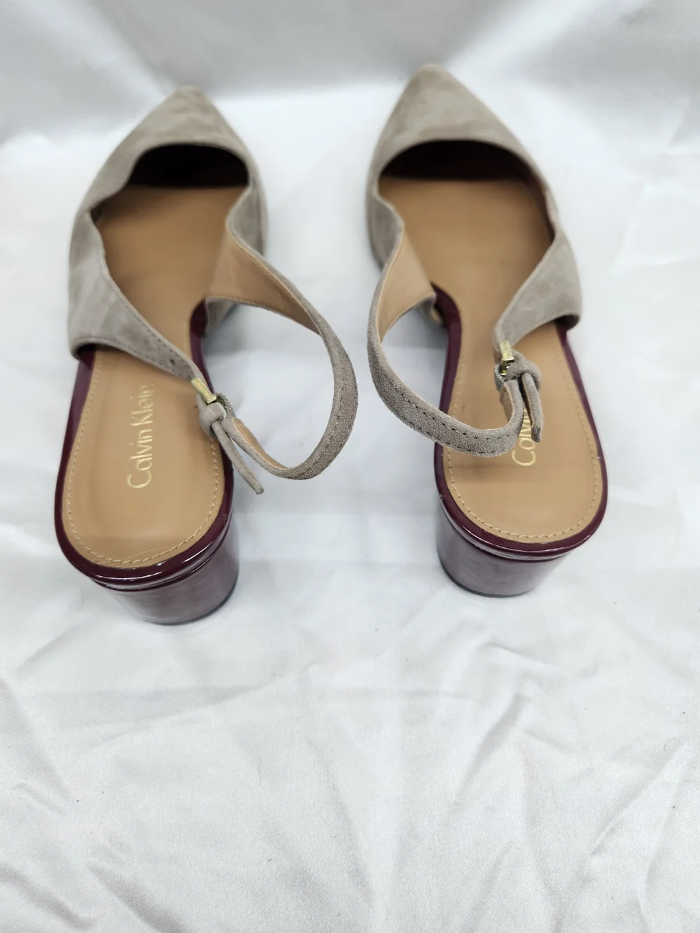 Calvin Klein Taupe Suede Pointed Slingback Kitten Heel